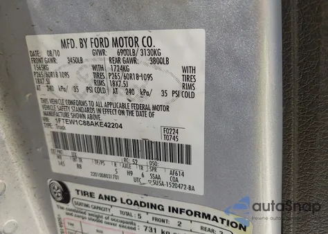 2010 Ford F-150 Fx2 Sport/Xl/Xlt z USA, uszkodzony, nr VIN 1FTEW1C88AKE42204